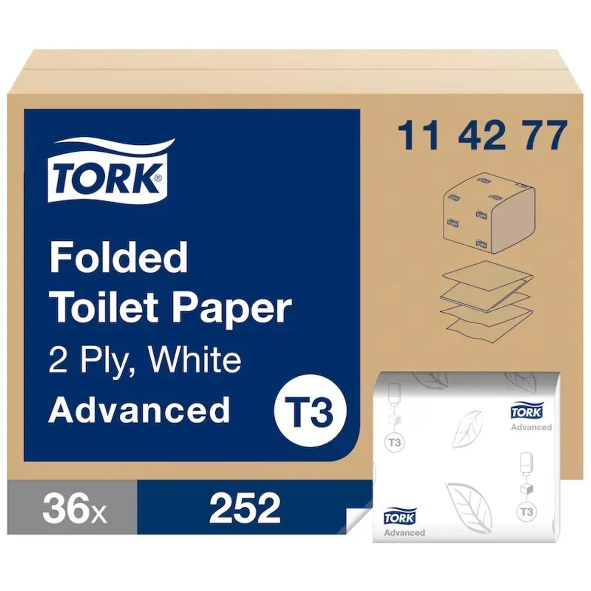 Tork 114277 — toalet papir u složivim listićima, karton od 36 pakovanja po 252 lista, sistem T3