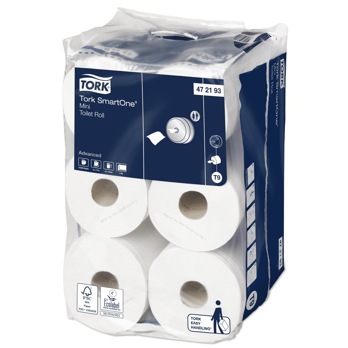 Tork 472193 — mini toalet papir sa centralnim izvlačenjem, list po list, pakovanje od 12 rolni, sistem T9