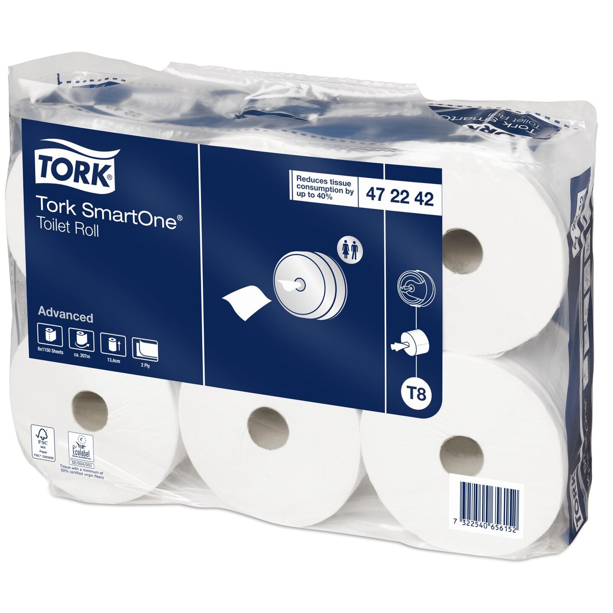 Tork 472242 — toalet papir sa centralnim izvlačenjem, list po list, pakovanje od 6 rolni, sistem T8