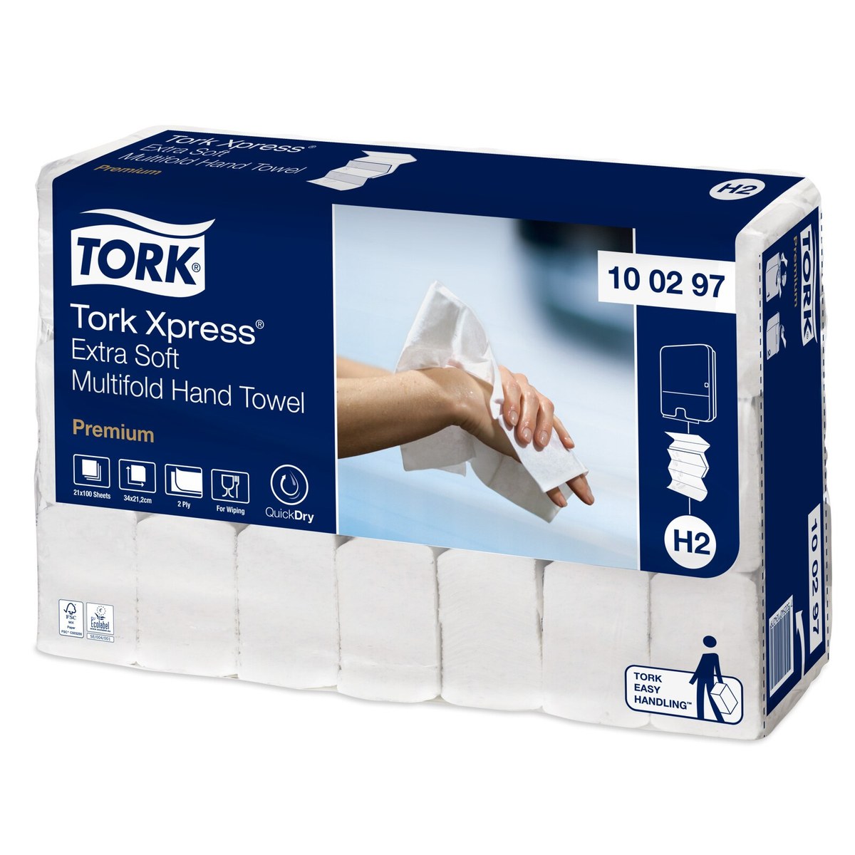 Tork 100297 — ekstra mekani složivi Multifold ubrus sa Leaf reljefom, karton od 21 pakovanja po 100 listova, sistem H2